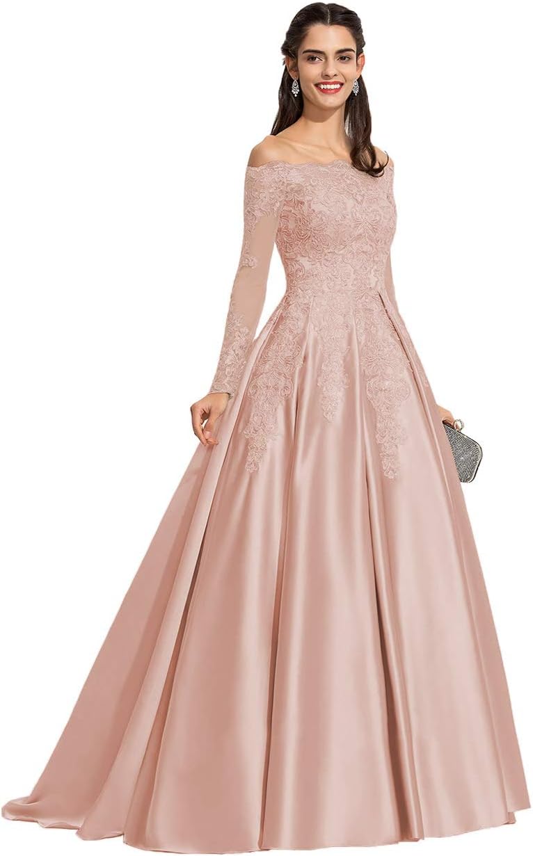 Vestidos de fiesta formales de satén con apliques de encaje y hombros descubiertos para mujer, con mangas largas