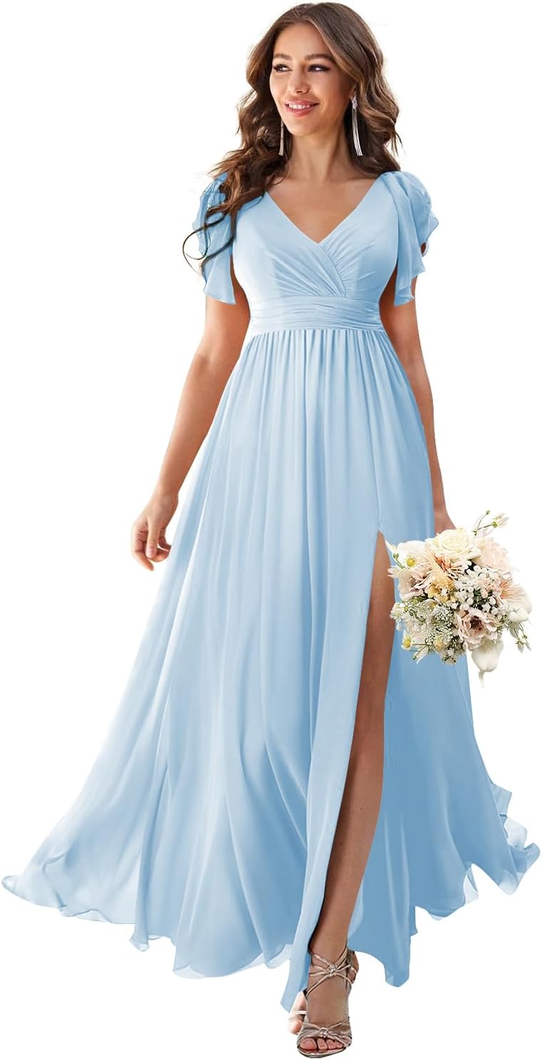 V Neck Flutter Sleeves Bridesmaid Dresses with Slit 2025 Chiffon Aline Pleats Formal Evening Gowns for Women