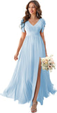 V Neck Flutter Sleeves Bridesmaid Dresses with Slit 2025 Chiffon Aline Pleats Formal Evening Gowns for Women