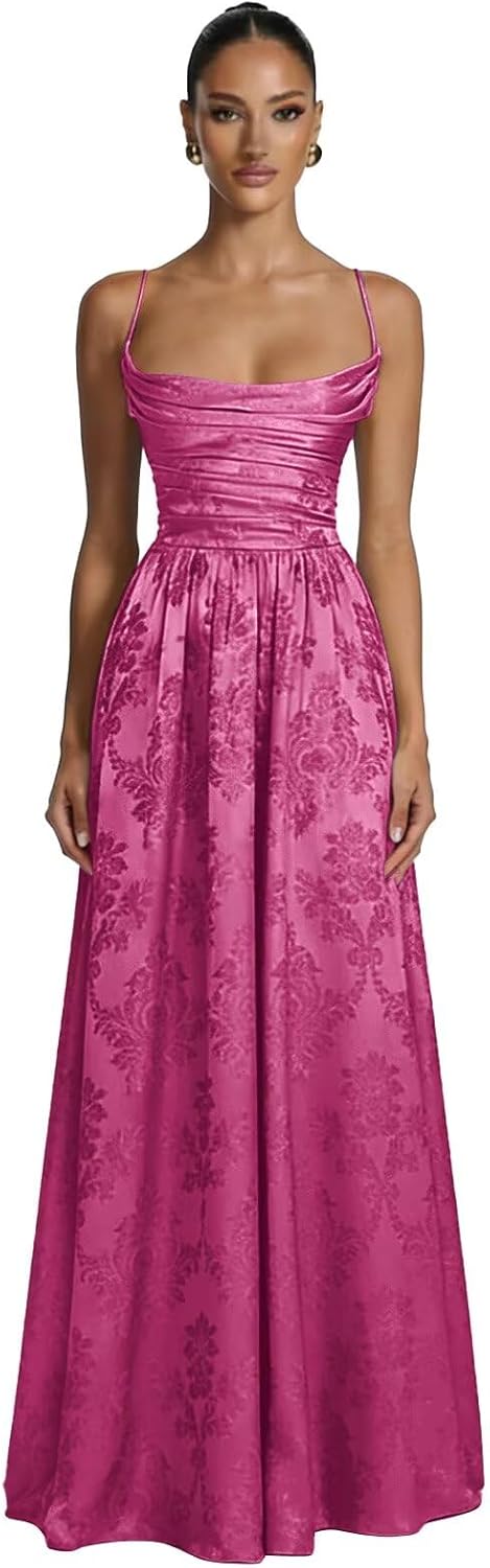Floral Jacquard Prom Dresses for Women Spaghetti Straps A Line Satin Cowl Neck Formal Evening Party Dress