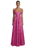 Floral Jacquard Prom Dresses for Women Spaghetti Straps A Line Satin Cowl Neck Formal Evening Party Dress