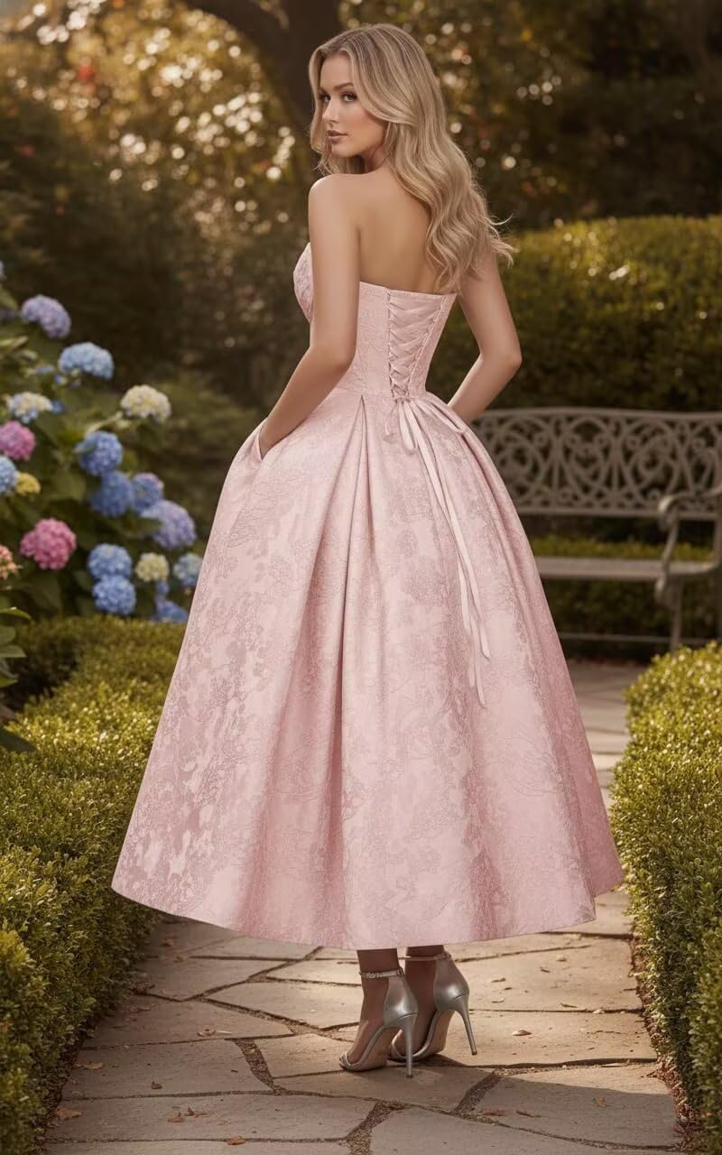 Strapless Floral Satin Prom Dresses for Women 2026 Jacquard Aline Formal Evening Party Dress with Pockets