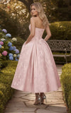 Strapless Floral Satin Prom Dresses for Women 2026 Jacquard Aline Formal Evening Party Dress with Pockets
