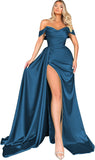 Women's Off Shoulder Mermaid Prom Dresses Long with Slit Pleates Wrap Satin Formal Evening Gowns
