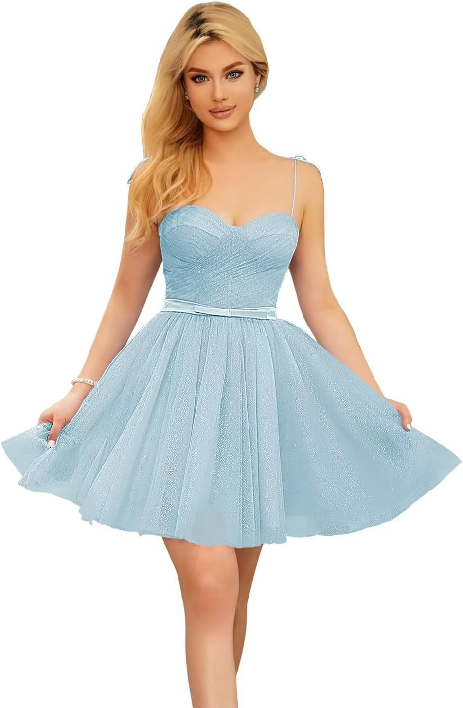 Vestidos cortos de tul brillante para adolescentes, con tirantes finos y corte en A, para fiesta de graduación.