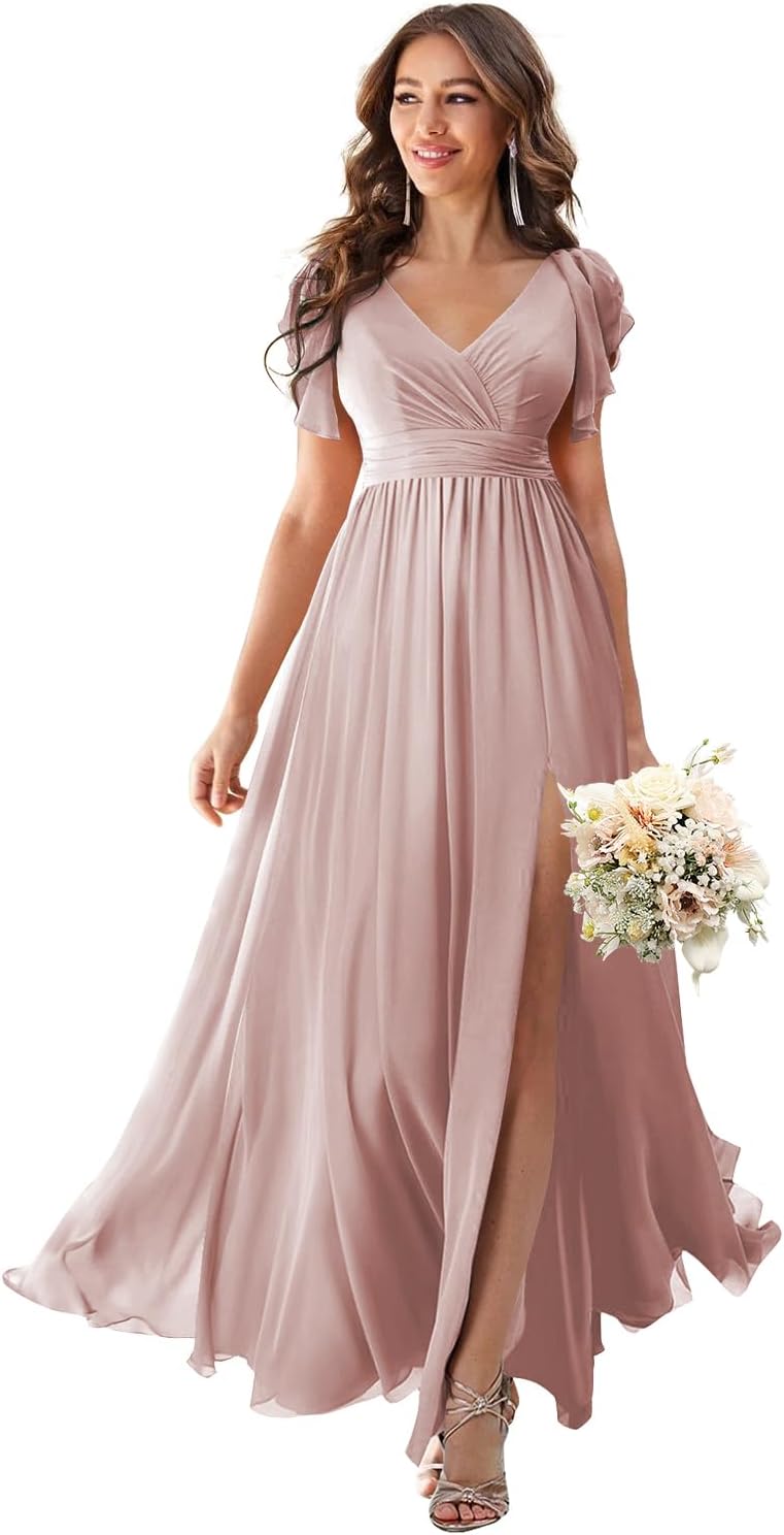 V Neck Flutter Sleeves Bridesmaid Dresses with Slit 2025 Chiffon Aline Pleats Formal Evening Gowns for Women