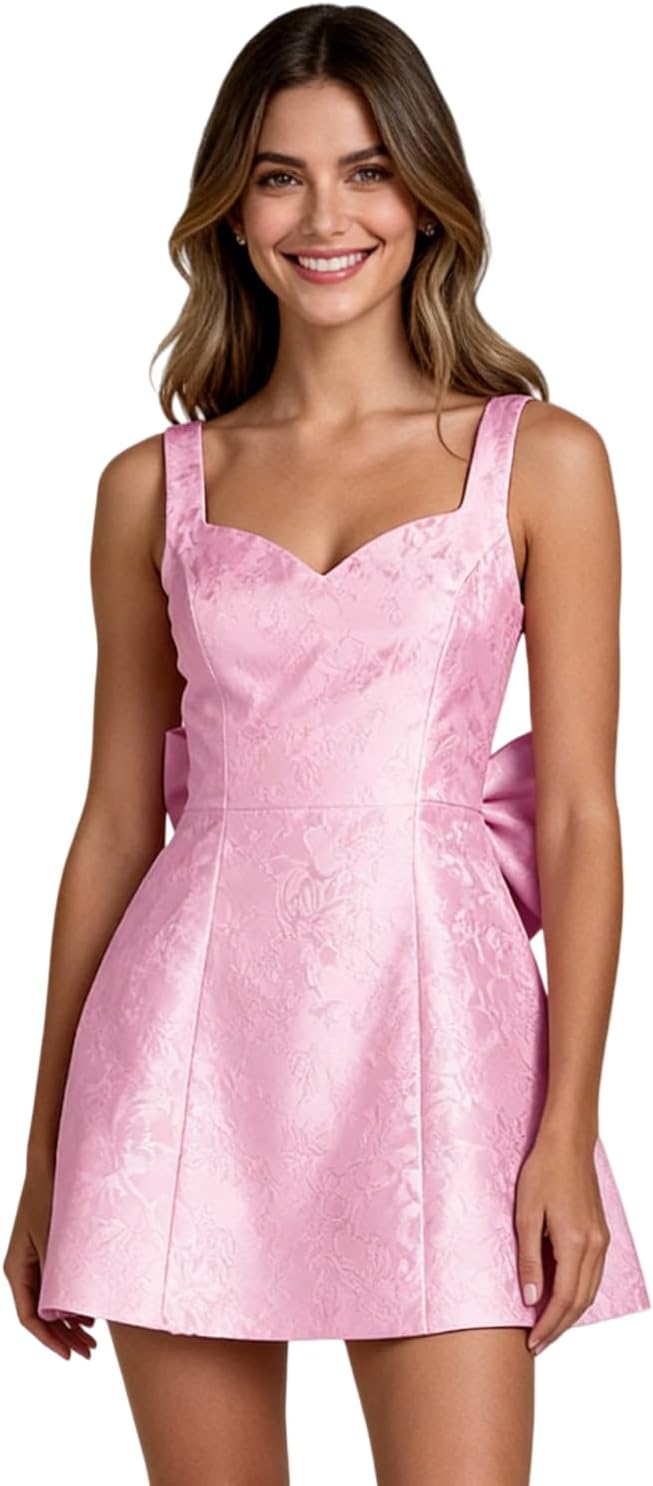 Jacquard Satin Homecoming Dress with Bow Elegant Embroidery A Line Graduation Mini Dress Short Prom Dresses