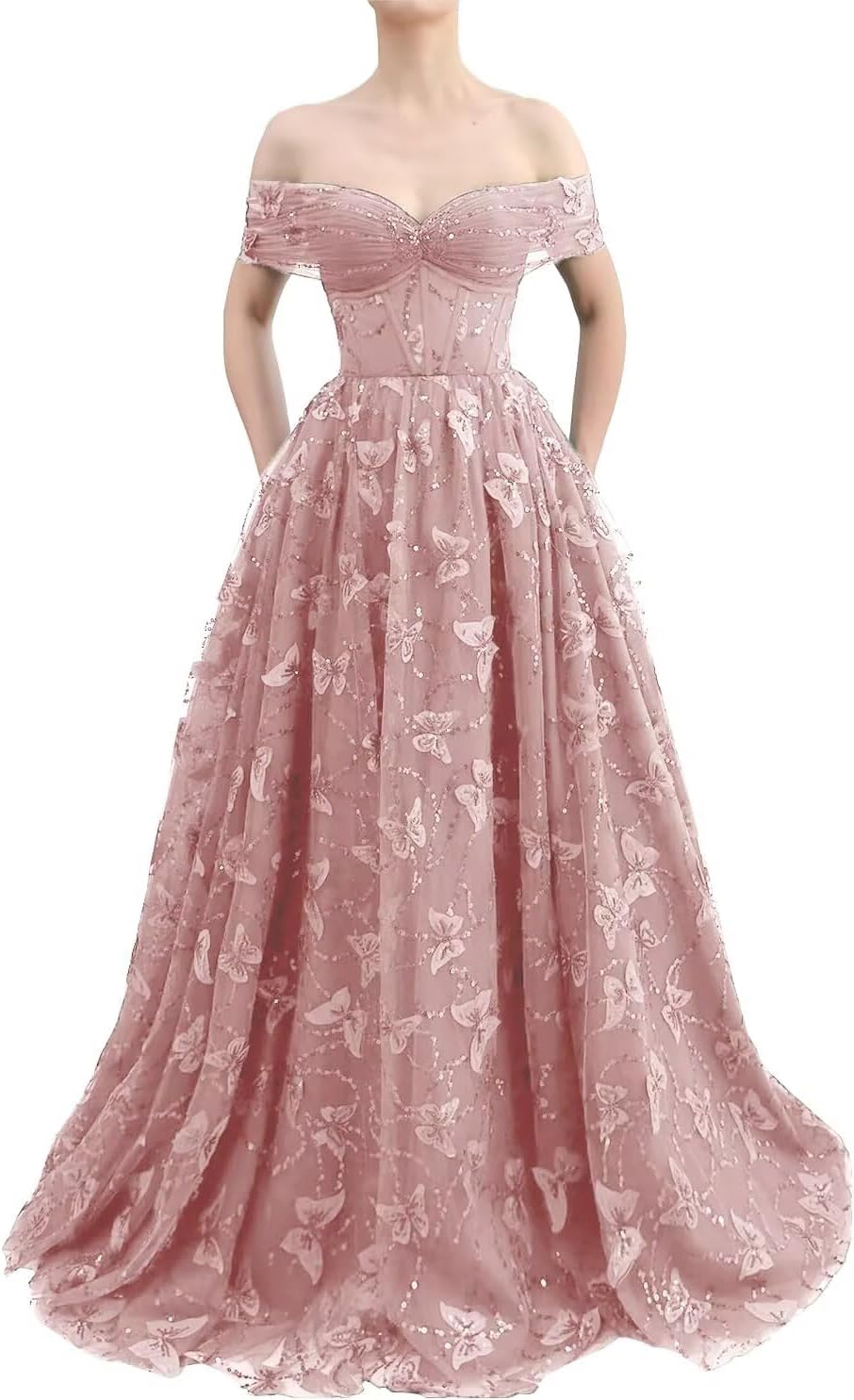 Sparkly Off Shoulder Tulle Prom Dresses with Butterfly Appliques Long A Line Formal Evening Party Gowns for Women