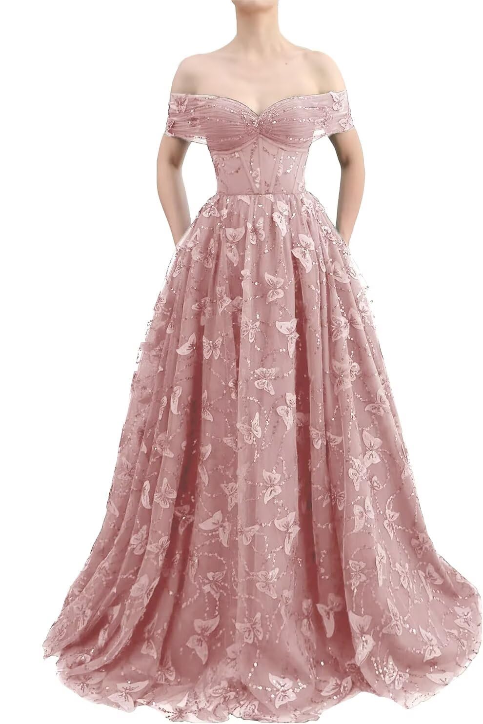 Sparkly Off Shoulder Tulle Prom Dresses with Butterfly Appliques Long A Line Formal Evening Party Gowns for Women