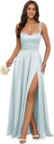 Jacquard Satin Prom Dresses with Slit Spaghetti Straps A Line Maxi Long Formal Dress