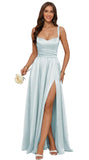 Jacquard Satin Prom Dresses with Slit Spaghetti Straps A Line Maxi Long Formal Dress