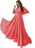 Women's Batwing Sleeve Chiffon Bridesmaid Dresses with Pockets V Neck Long Formal Evening Dress
