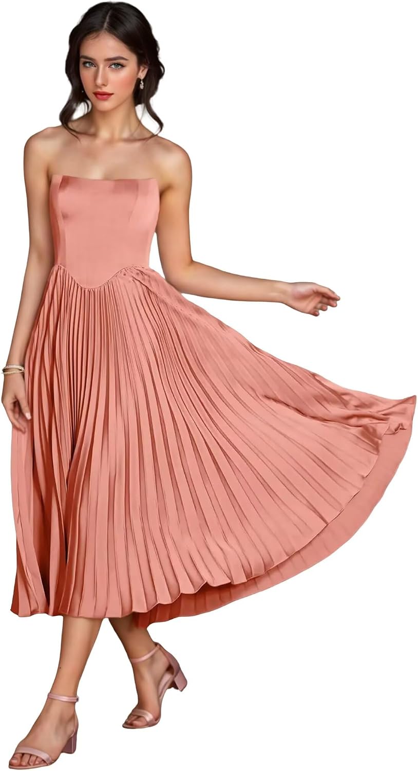 Women's Strapless Bridesmaid Dresses for Womens Tea Length Ruffle Satin Formal Prom Dress