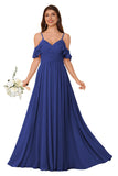 Women's Long Chiffon Bridesmaid Dresses Ruffle V Neck Formal Evening Prom Gown Spaghetti Strap Maxi Wedding Guest Dress