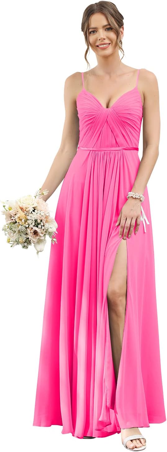 Vestidos de dama de honor largos con tirantes finos y bolsillos, plisados, formales, de noche, con abertura 