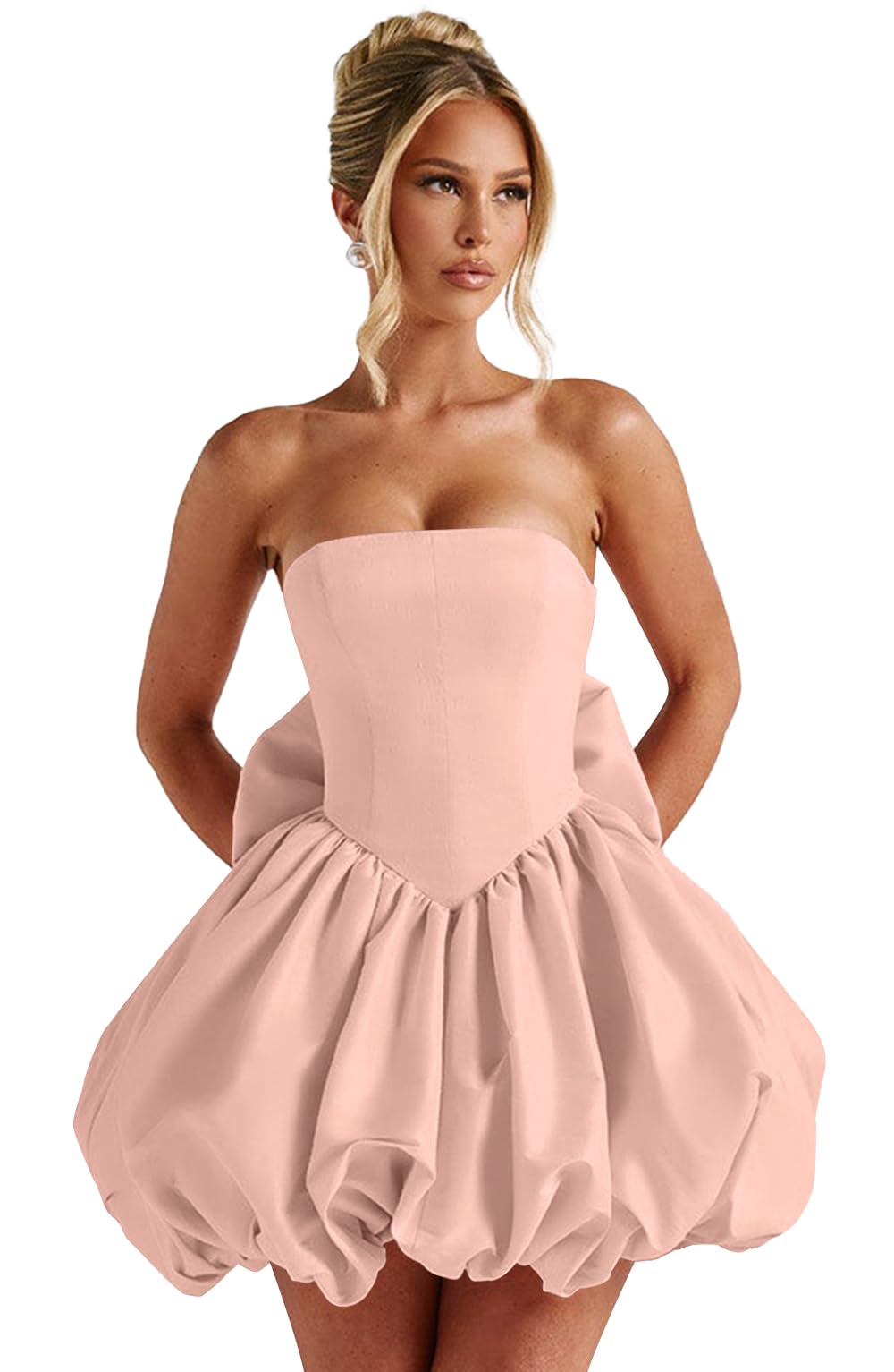 Satin Flower Bud Homecoming Dress Short Prom Dress with Bow Strapless A Line Mini Cocktail Party Gown