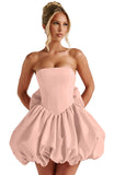 Satin Flower Bud Homecoming Dress Short Prom Dress with Bow Strapless A Line Mini Cocktail Party Gown
