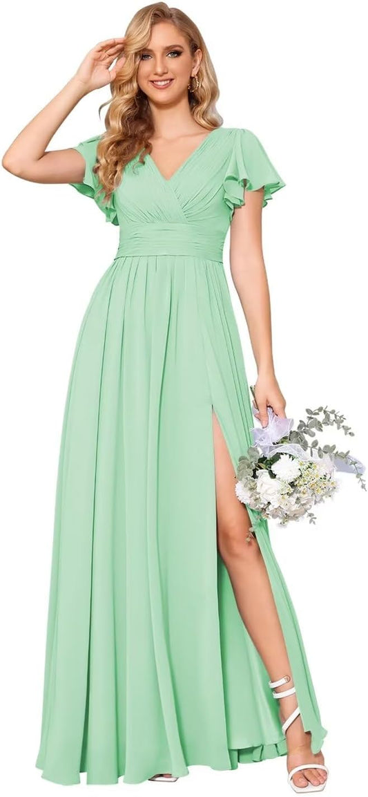 Flutter Sleeves Split Bridesmaid Dresses with Slit Long V Neck Empire Waist Formal Dress for Women Wedding