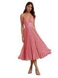 Floral Satin Midi Wedding Guest Dresses Pleated Tea Length Formal Evening Party Gowns