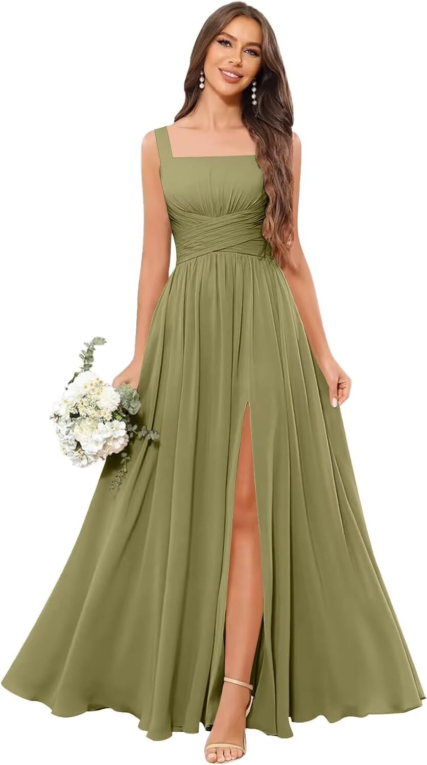 Kingbridal Chiffon A-line Bridesmaid Dresses for Women 2027 Long Square Neck Pleated Formal Evening Party Dress with Slit