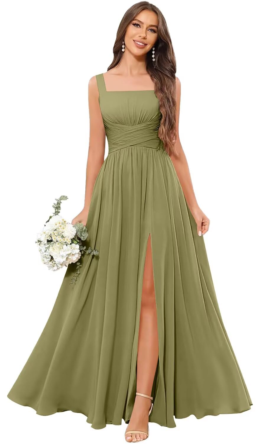 Kingbridal Chiffon A-line Bridesmaid Dresses for Women 2027 Long Square Neck Pleated Formal Evening Party Dress with Slit
