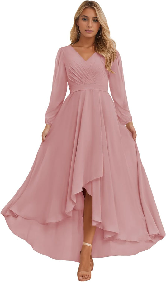 Langärmlige Brautjungfernkleider für Frauen 2025 V-Ausschnitt gerüschtes Chiffon-Abendkleid