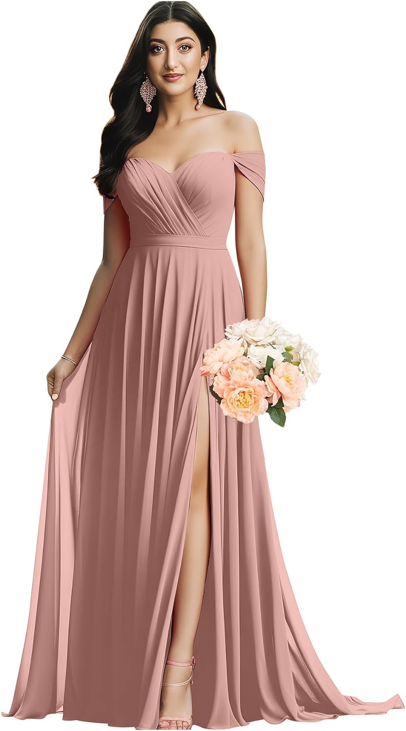 Schulterfreies Brautjungfernkleid für die Hochzeit, gerüschtes Chiffon-Split-Abendkleid mit Taschen 