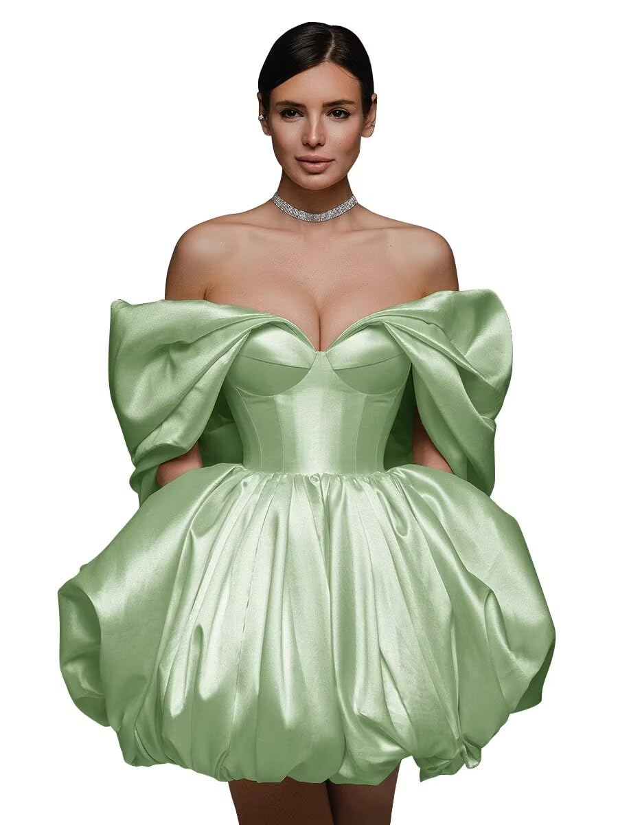 Off The Shoulder Short Wedding Dresses for Bride Puffy Satin Bridal Dresses w/Pockets Strapless Formal Ball Gowns