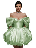 Off The Shoulder Short Wedding Dresses for Bride Puffy Satin Bridal Dresses w/Pockets Strapless Formal Ball Gowns