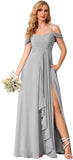 Damen Schulterfreies Brautjungfernkleid Lang mit Schlitz Chiffon Rüschen Falten Formales Partykleid 