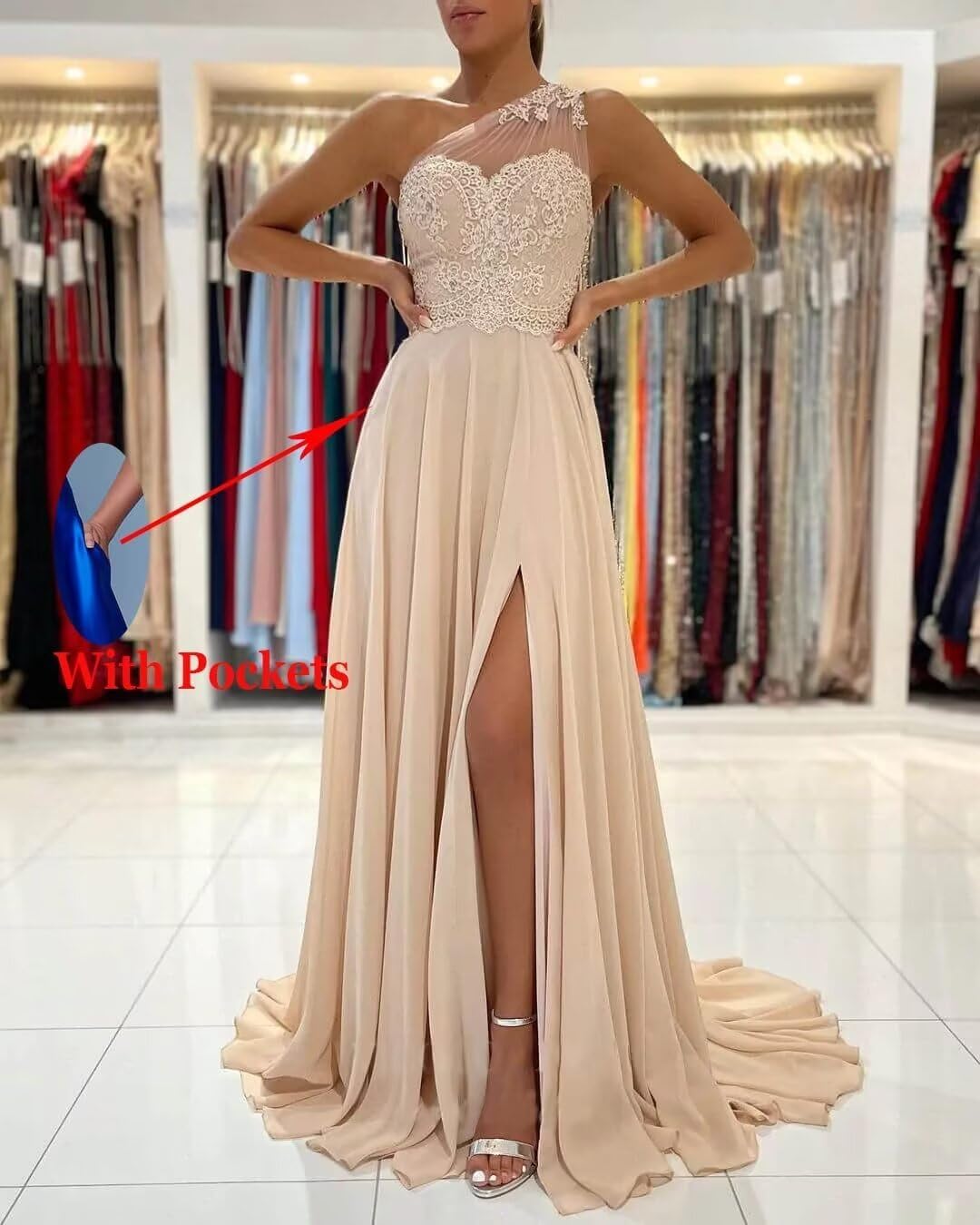 One Shoulder Chiffon Bridesmaid Dresses for Wedding 2026 Lace A-Line Slit Formal Evening Party Gown with Pockets