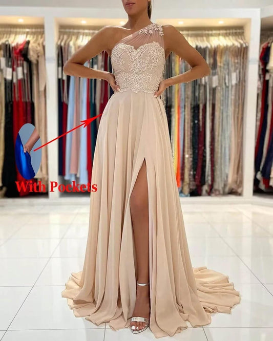 One Shoulder Chiffon Bridesmaid Dresses for Wedding 2026 Lace A-Line Slit Formal Evening Party Gown with Pockets