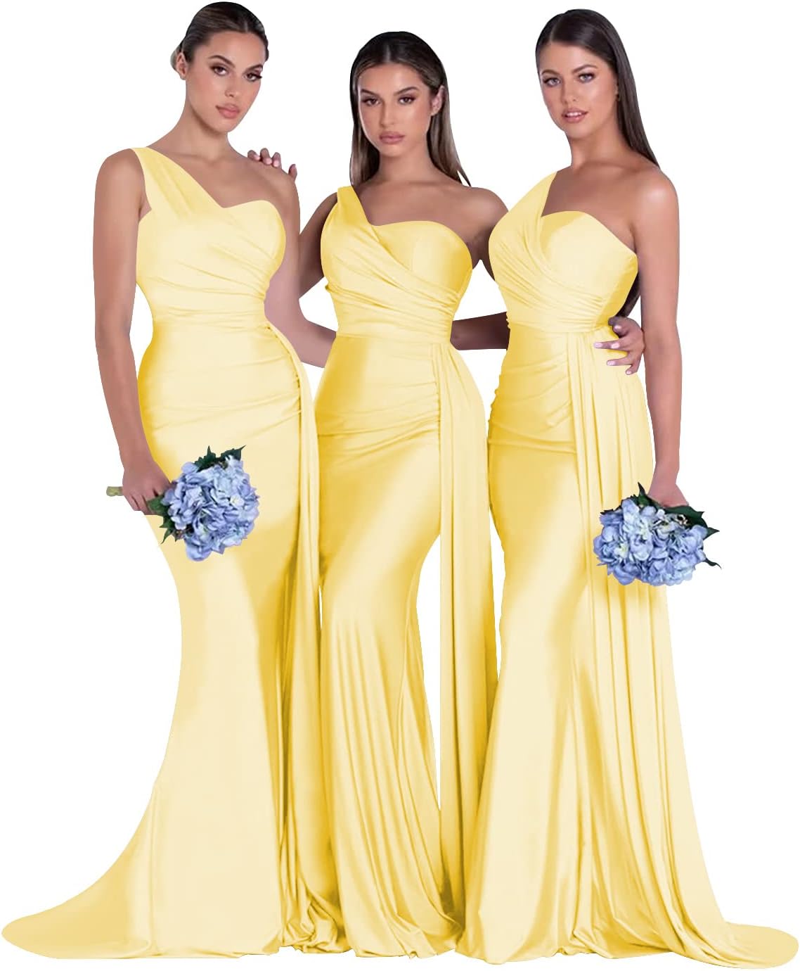 Women's One Shoulder Mermaid Bridesmaid Dresses Long Ruched Bodycon Satin Formal Prom Gowns