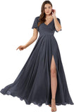 Damen Brautjungfernkleider mit Flatterärmeln, lang, mit Schlitz, V-Ausschnitt, Chiffon, formelle Kleider 