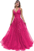 Women's Sparkly Tulle Lace Applique Prom Dresses 2025 Long Spaghetti Straps Formal Evening Gowns