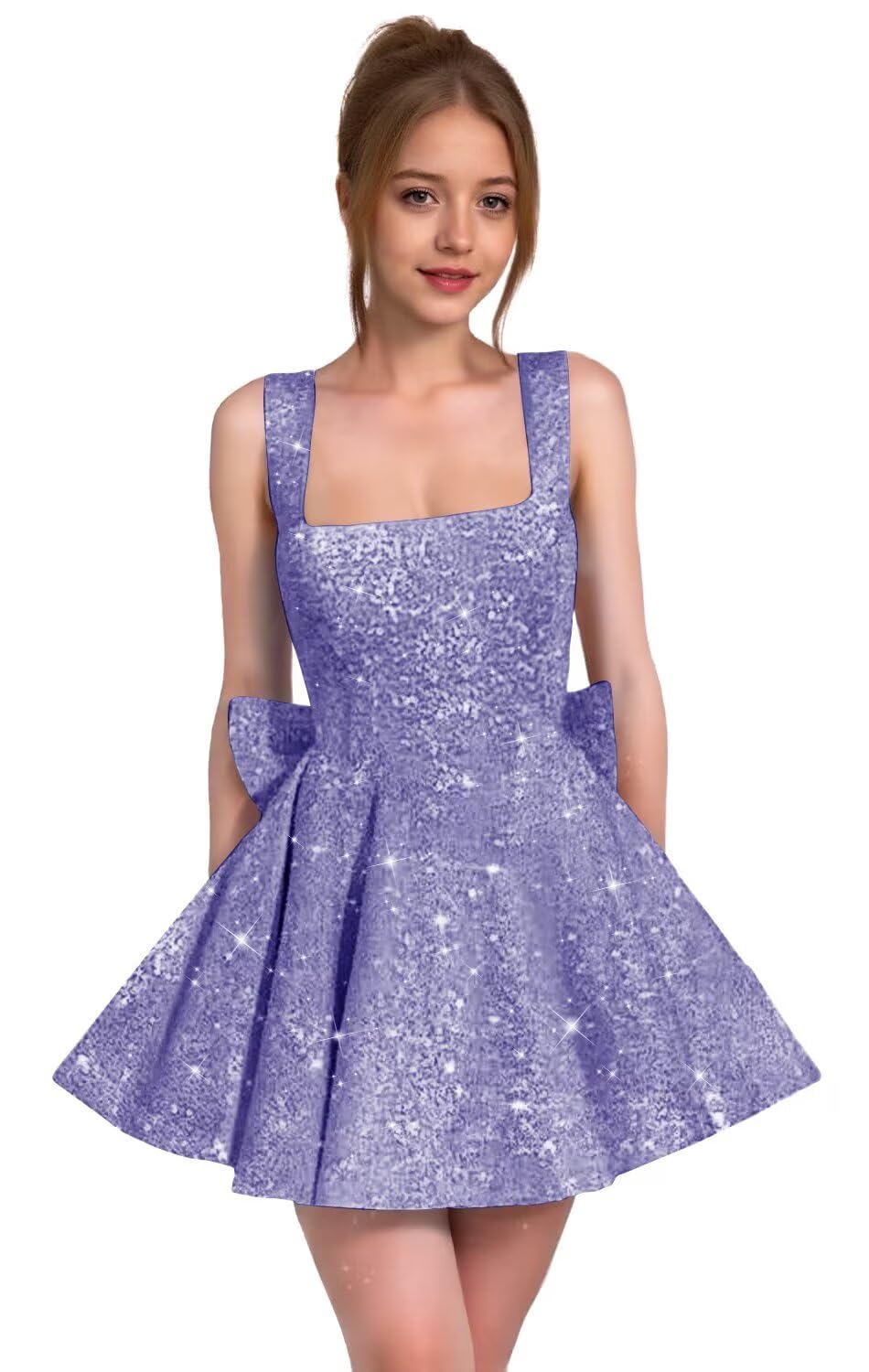 Sparkly Sequin Homecoming Dresses for Teens Short Prom Dress Square Neck Bow Formal Cocktail Gowns with Pockets