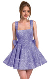 Sparkly Sequin Homecoming Dresses for Teens Short Prom Dress Square Neck Bow Formal Cocktail Gowns with Pockets