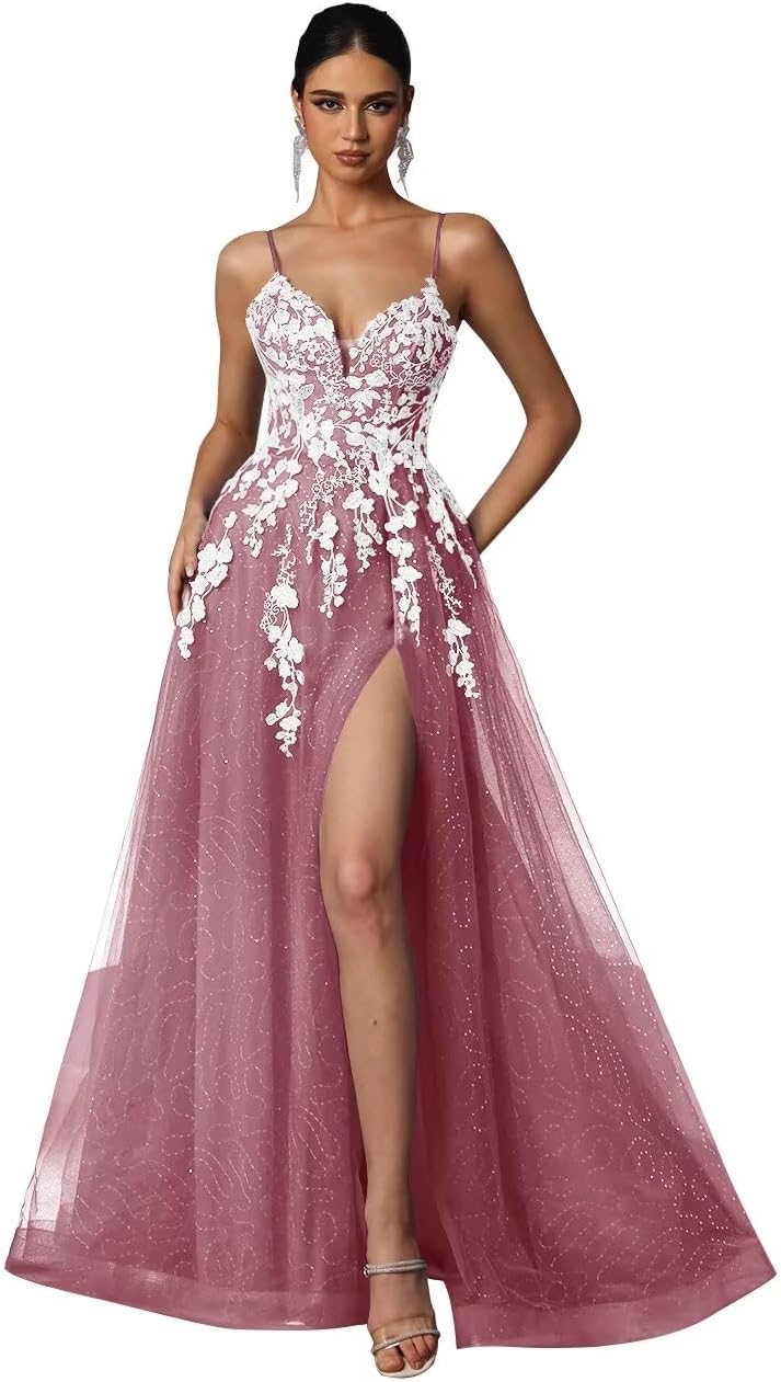 Tulle Prom Dresses 2027 Puffy Ball Gown for Women Formal V Neck Lace Appliques Evening Gown with Slit Long Homecoming Dress