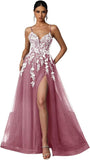 Tulle Prom Dresses 2027 Puffy Ball Gown for Women Formal V Neck Lace Appliques Evening Gown with Slit Long Homecoming Dress