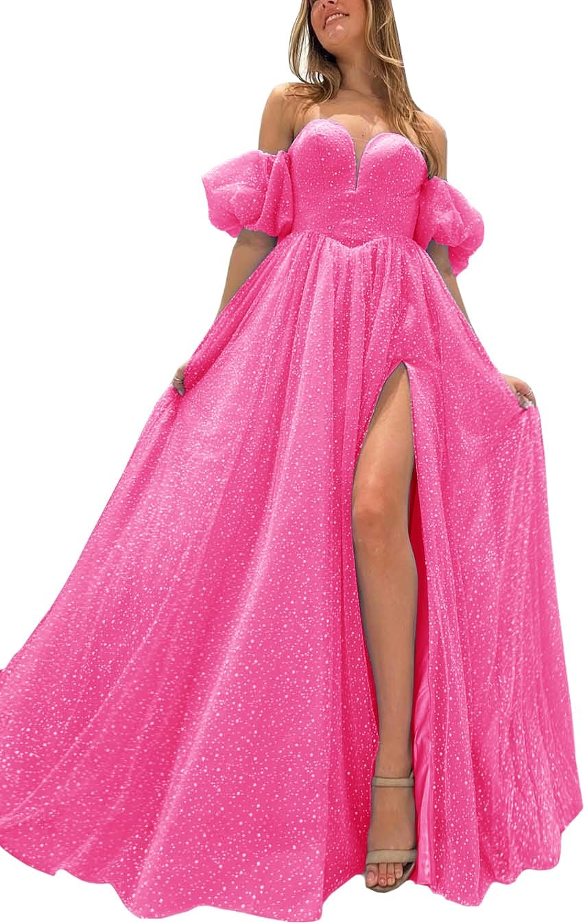 Tulle Prom Dresses for Women 2027 Sparkly Puffy Sleeves Long Ball Gowns with Slit A-Line Evening Dresses