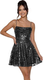 Sequin Prom Dresses 2026 for Teens Spaghetti Straps Cowl Neck Short Cocktail Party Dress
