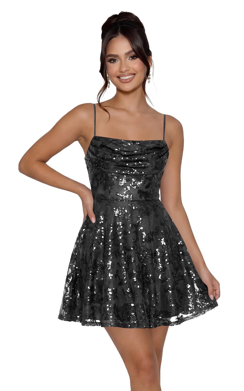 Sequin Prom Dresses 2026 for Teens Spaghetti Straps Cowl Neck Short Cocktail Party Dress