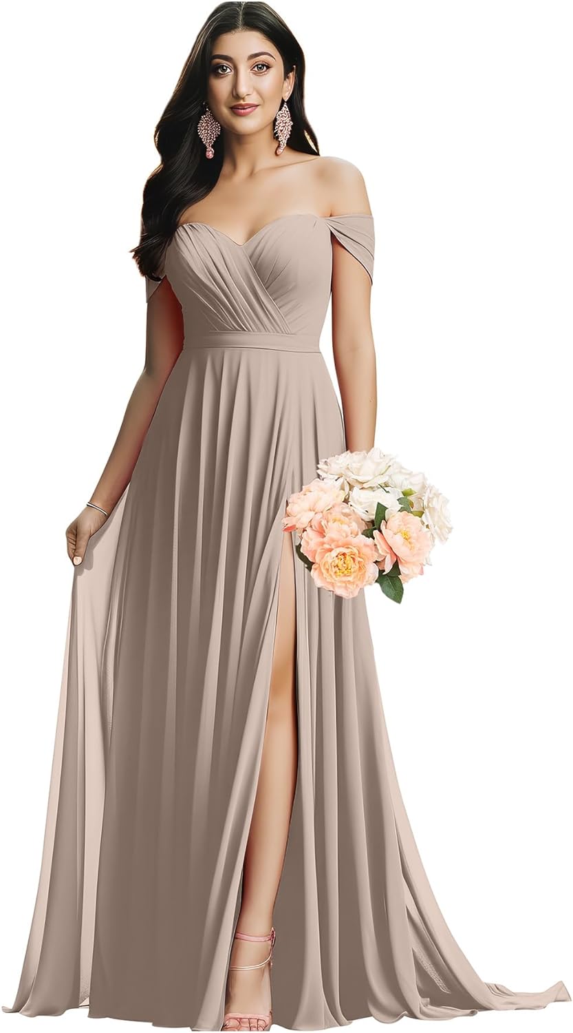 Schulterfreies Brautjungfernkleid für die Hochzeit, gerüschtes Chiffon-Split-Abendkleid mit Taschen 