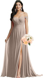 Schulterfreies Brautjungfernkleid für die Hochzeit, gerüschtes Chiffon-Split-Abendkleid mit Taschen 