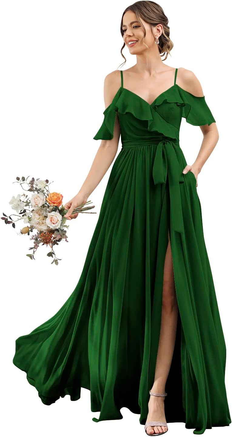 Women's Bridesmaid Dresses with Slit Long Cold Shoulder Chiffon Formal Party Dress with Pockets