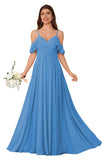 Women's Long Chiffon Bridesmaid Dresses Ruffle V Neck Formal Evening Prom Gown Spaghetti Strap Maxi Wedding Guest Dress