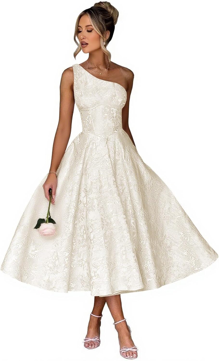 Jacquard Floral Satin Prom Dresses 2026 One Shoulder A-Line Midi Formal Evening Party Gown with Pockets for Women