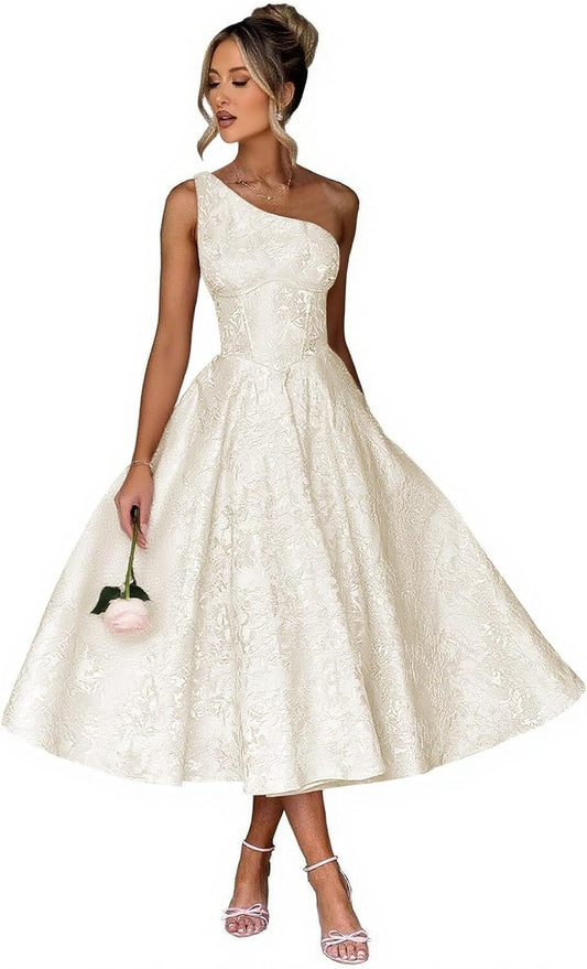 Jacquard Floral Satin Prom Dresses 2026 One Shoulder A-Line Midi Formal Evening Party Gown with Pockets for Women