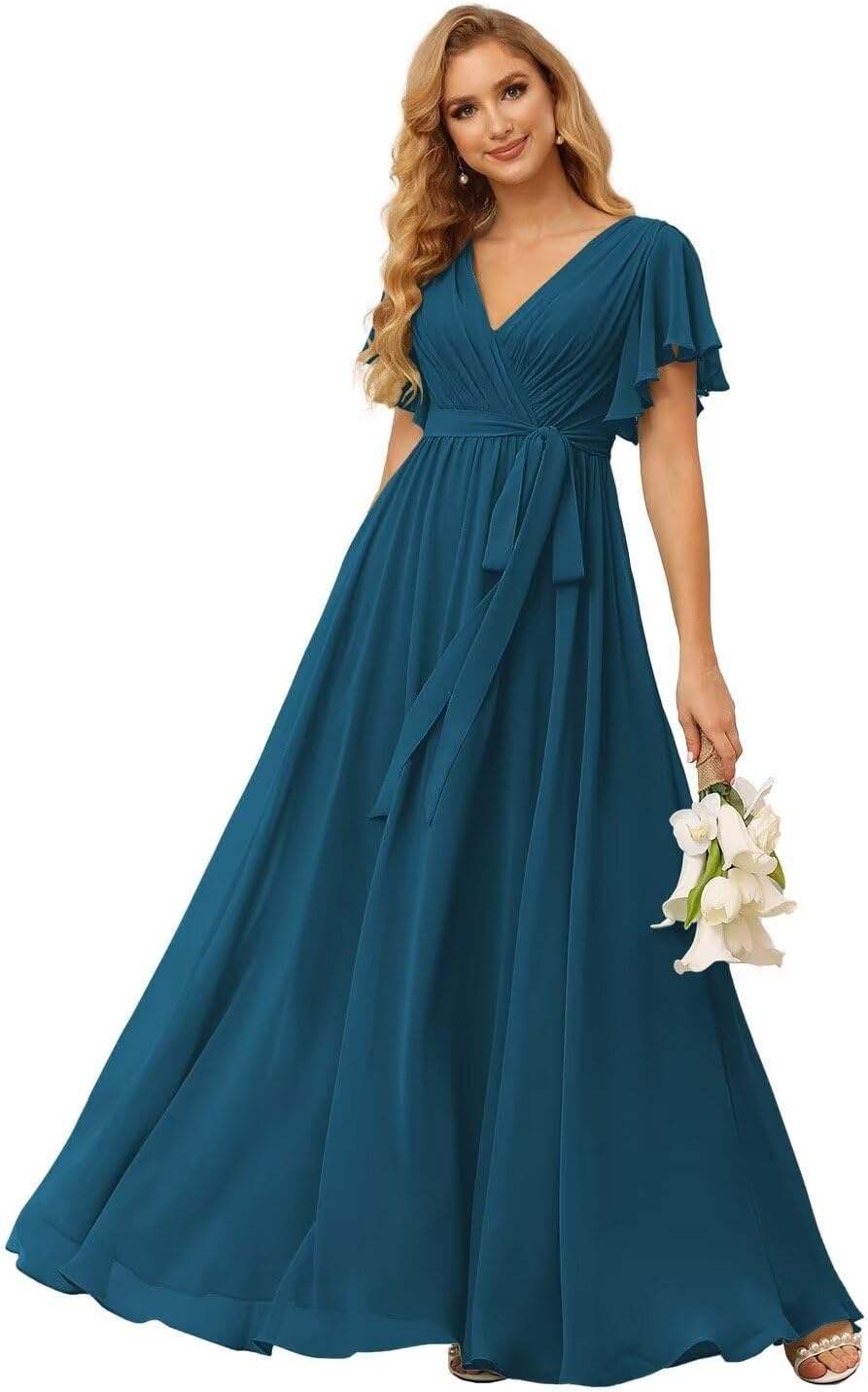 Damen Brautjungfernkleider mit Flatterärmeln, lang, mit Taschen, V-Ausschnitt, Chiffon, formelle Kleider 