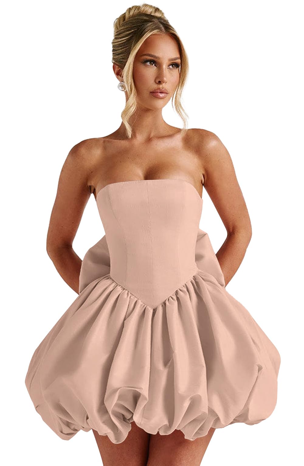 Satin Flower Bud Homecoming Dress Short Prom Dress with Bow Strapless A Line Mini Cocktail Party Gown